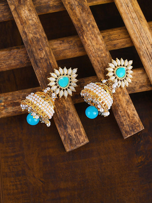 Yellow Chimes Bollywood Celebrity Party Wear Traditional Pearl Moti Jhumka/Jhumki Earrings for Women and Girls (Blue)