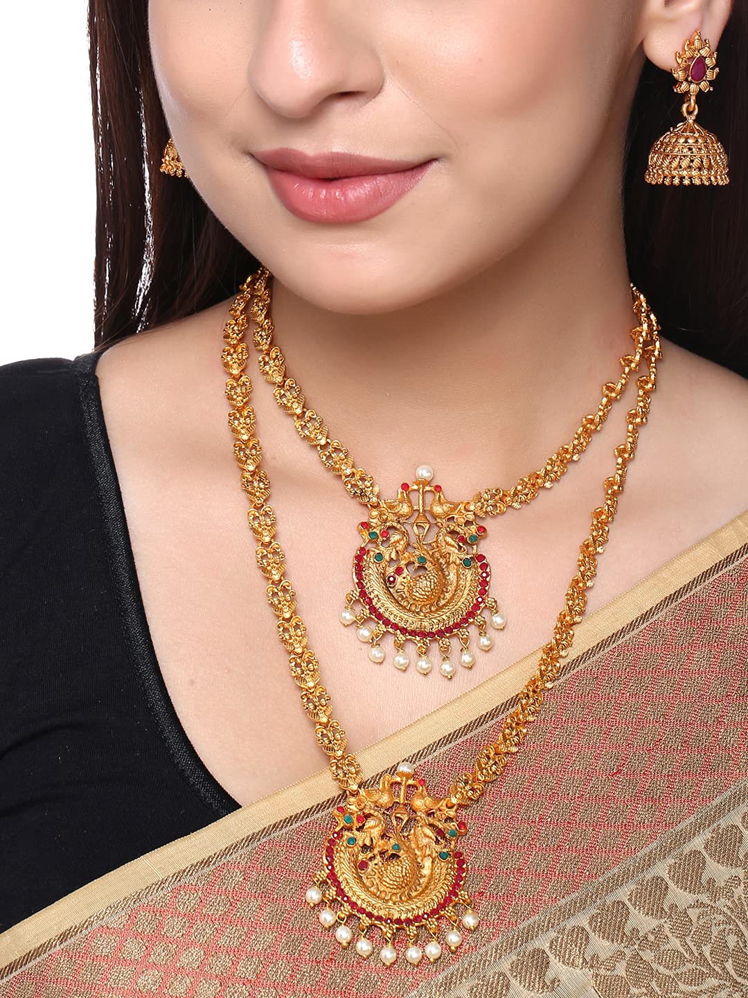Yellow Chimes Ethnic Gold Plated Peacock Design Traditional Choker Long Haram Necklace Set Jewellery Set for Women and Girls, Medium (YCTJNS-68DULPCK-GL)