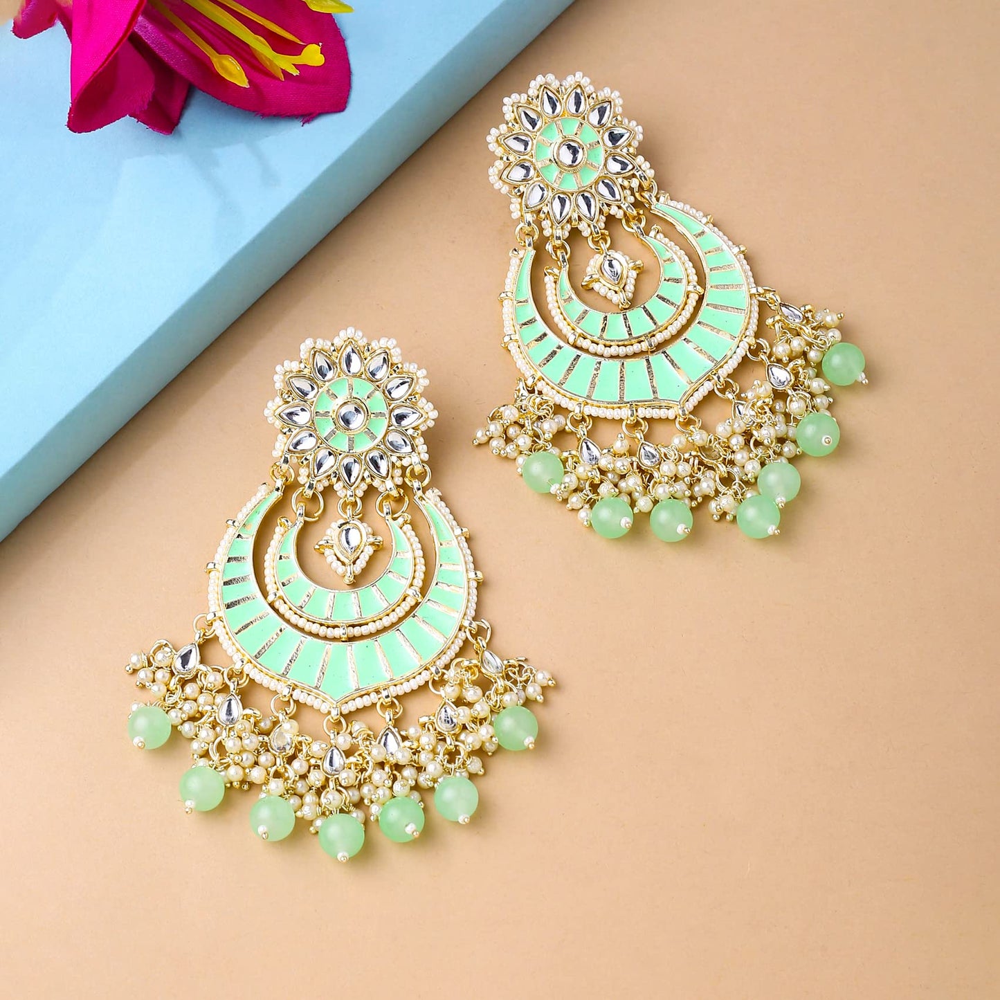 Yellow Chimes Earrings for Women and Girls Meenakari Chandbali | Gold Plated Green Meenakari Chandbali Earrings | Birthday Gift for girls and women Anniversary Gift for Wife