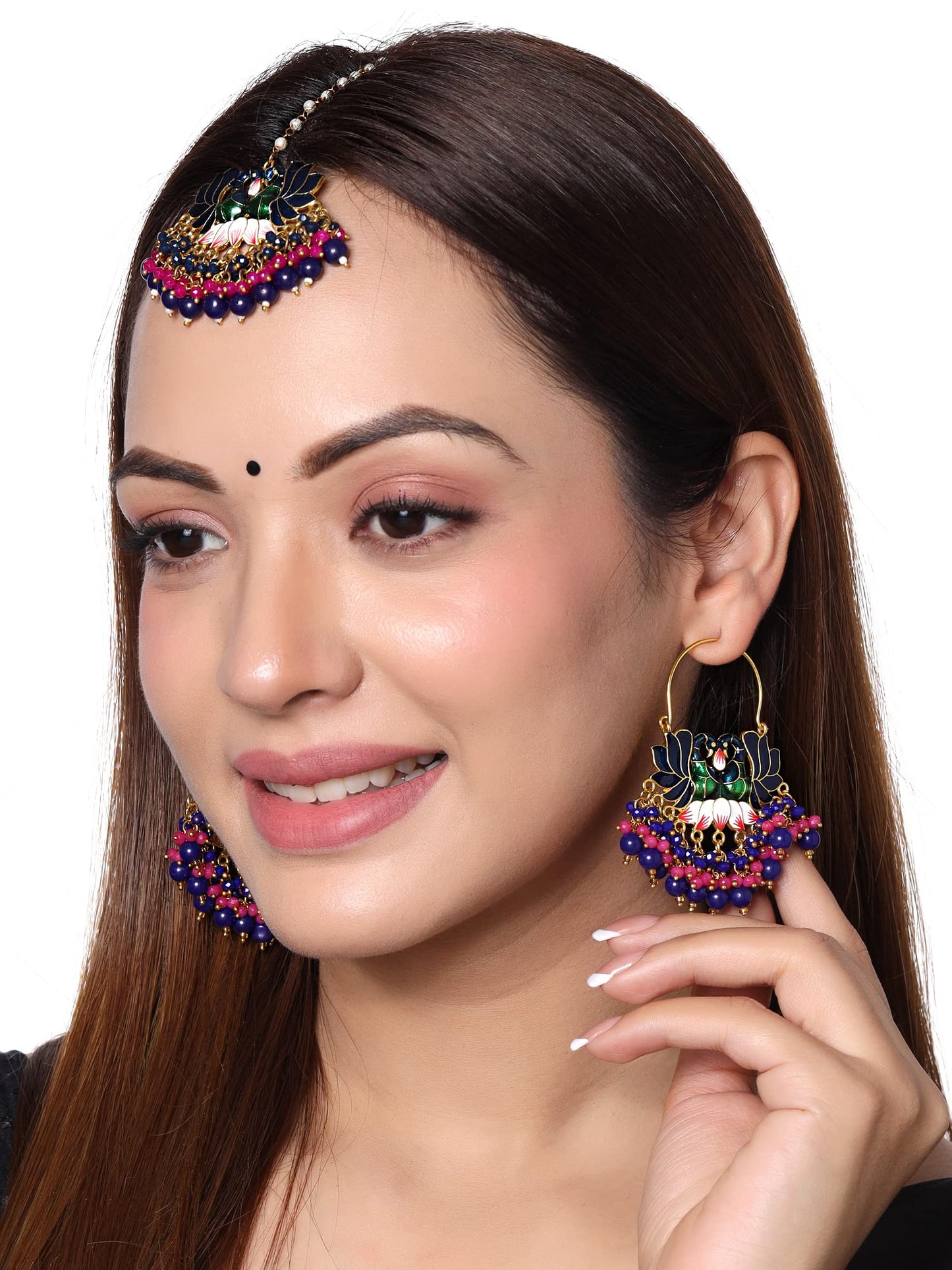 Yellow Chimes Earrings for Women Gold Toned Beads Drop Peacock Designed Meenakari Drop Earrings with Maang Tikka for Women and Girls