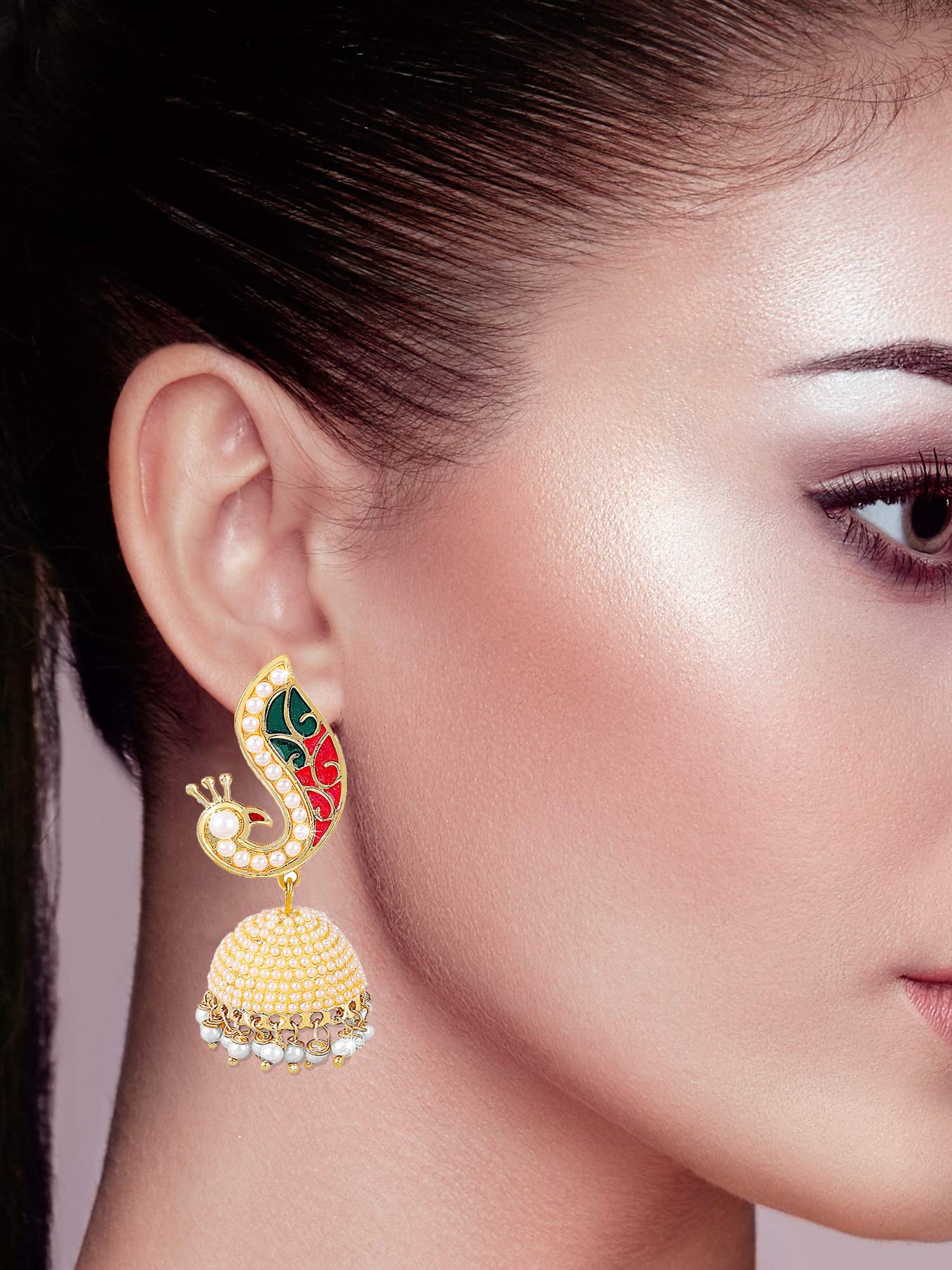 Yellow Chimes White, Golden Copper gold-plated Traditional Pearl Moti Jhumka Earrings for Women and Girls