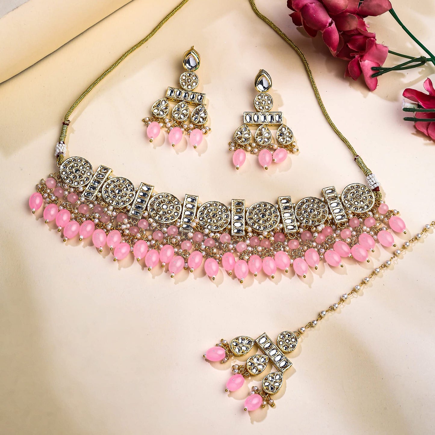 Yellow Chimes Jewellery Set for Women and Girls Kundan Necklace Set Gold Plated Kundan Studded Pink Beads Drop Choker Necklace Set | Birthday Gift for girls and women Anniversary Gift for Wife