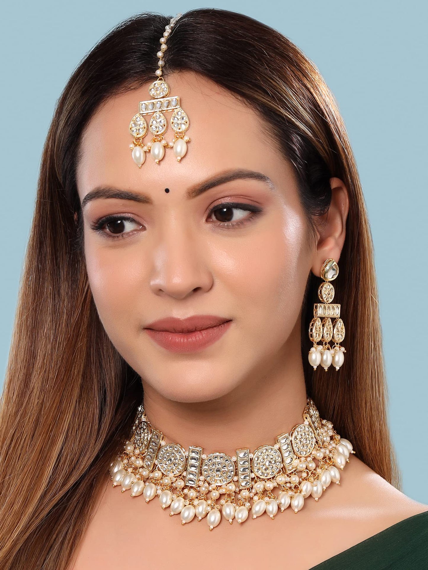 Yellow Chimes Jewellery Set for Women and Girls Kundan Necklace Set Gold Plated Kundan Studded White Beads Drop Choker Necklace Set | Birthday Gift for girls and women Anniversary Gift for Wife