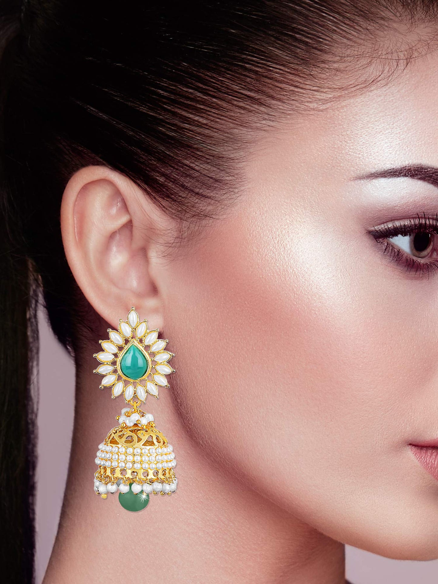 Yellow Chimes Bollywood Celebrity Party Wear Traditional Pearl Moti Jhumka/Jhumki Earrings for Women and Girls (Green)