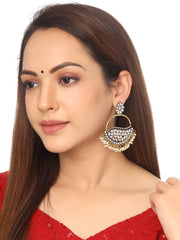 Yellow Chimes Earrings For Women Silver Toned Floral Shaped White Stone and Pearl Studded Chandbali Earrings For Women and Girls