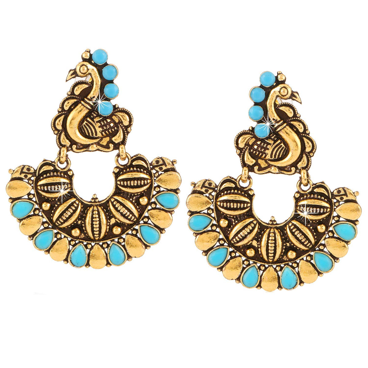 Yellow Chimes Turquoise Elegant Peacock Shaped Oxidised Golden Traditional Chandbali Earrings for Women and Girls