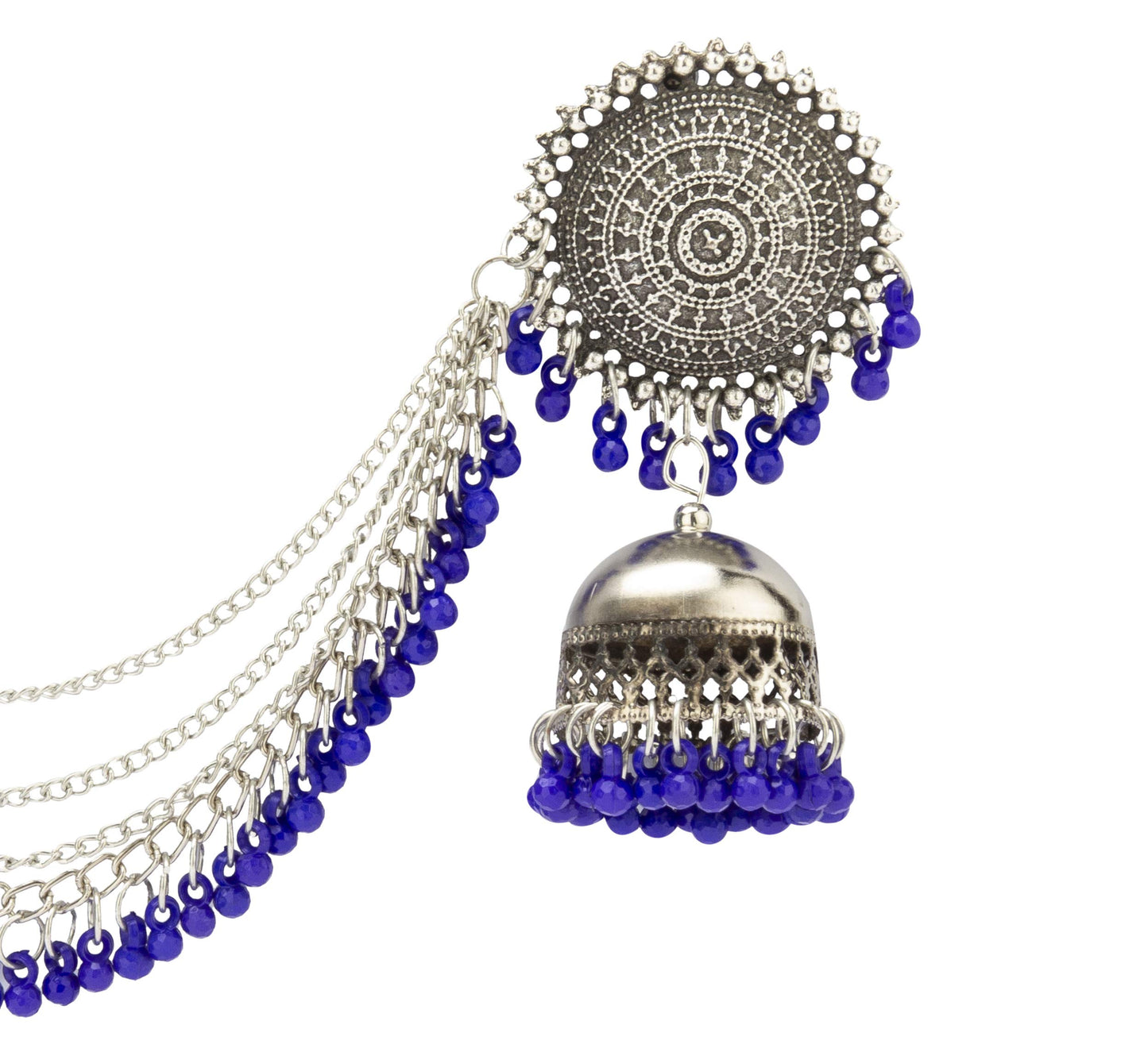 Yellow Chimes German Oxidised Silver Antique Traditional Maang Tikka with Earrings Jewellery Set for Women and Girls (Blue)