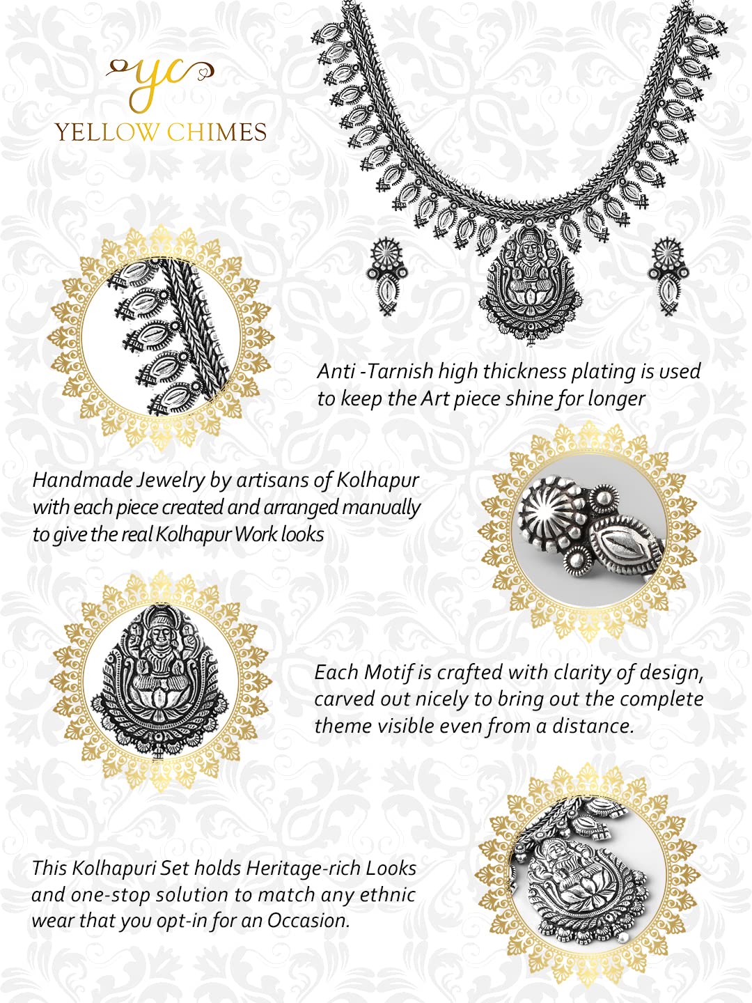 Yellow Chimes Oxidised Jewellery Set for Women Authentic Kolhapuri Work Handmade Silver Traditional Choker Necklace Sets for Women and Girls.