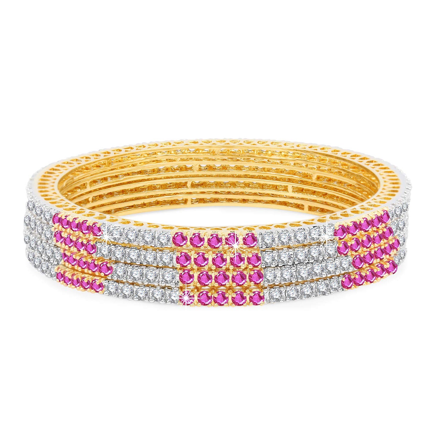 Yellow Chimes Elegant Pink AD/American Diamond Studded 18k Gold Plated Classic 4 PCs Handcrafted Bangles Set for Women & Girls (2.6)