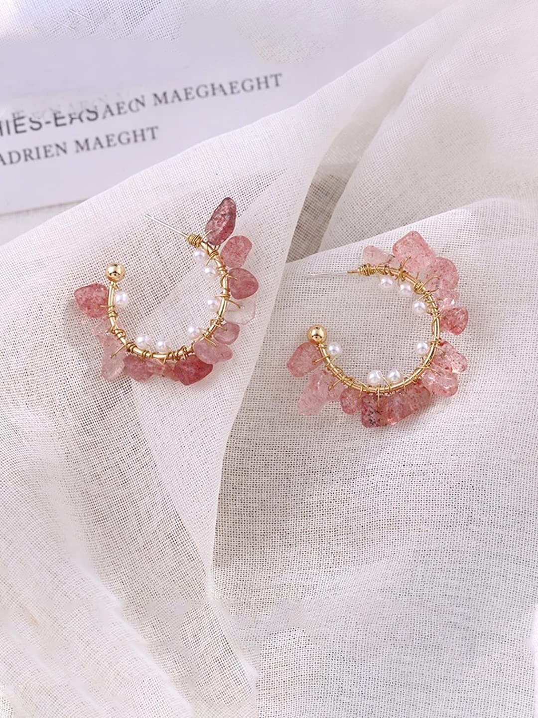 Yellow Chimes Earrings For Women Gold Tone Pink and White Stone Studded Round Half Bali Clip On Hoop Earrings For Women and Girls