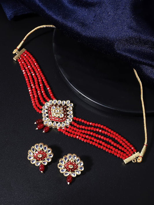 Yellow Chimes Traditional Jewellery Set for Women Kundan Jewelry Set Ethnic Gold Plated Red Beads Choker Necklace Set for Women and Girls