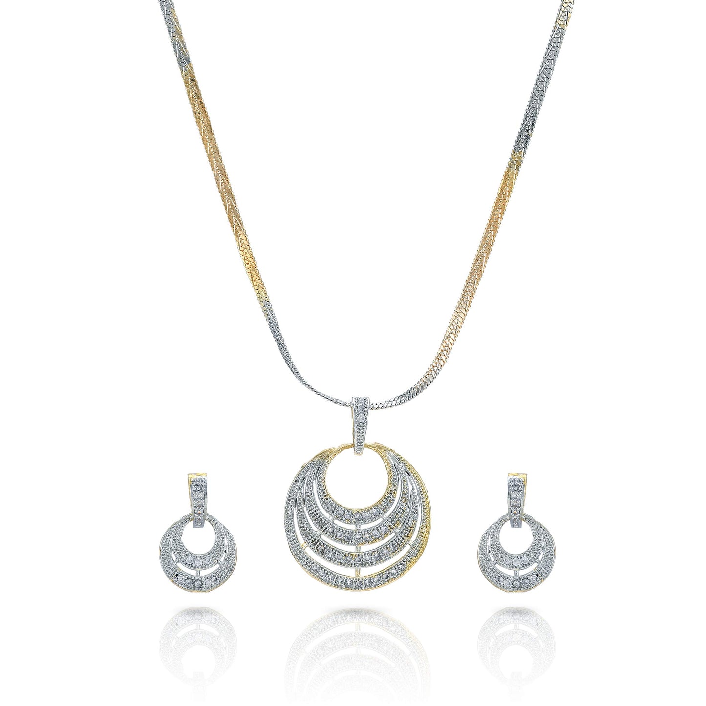 Yellow Chimes Sparkling AD/American Diamond Latest Fashion Big Circle Shaped Dual Tone Jewellery Pendant Set with Earrings For Women & Girls