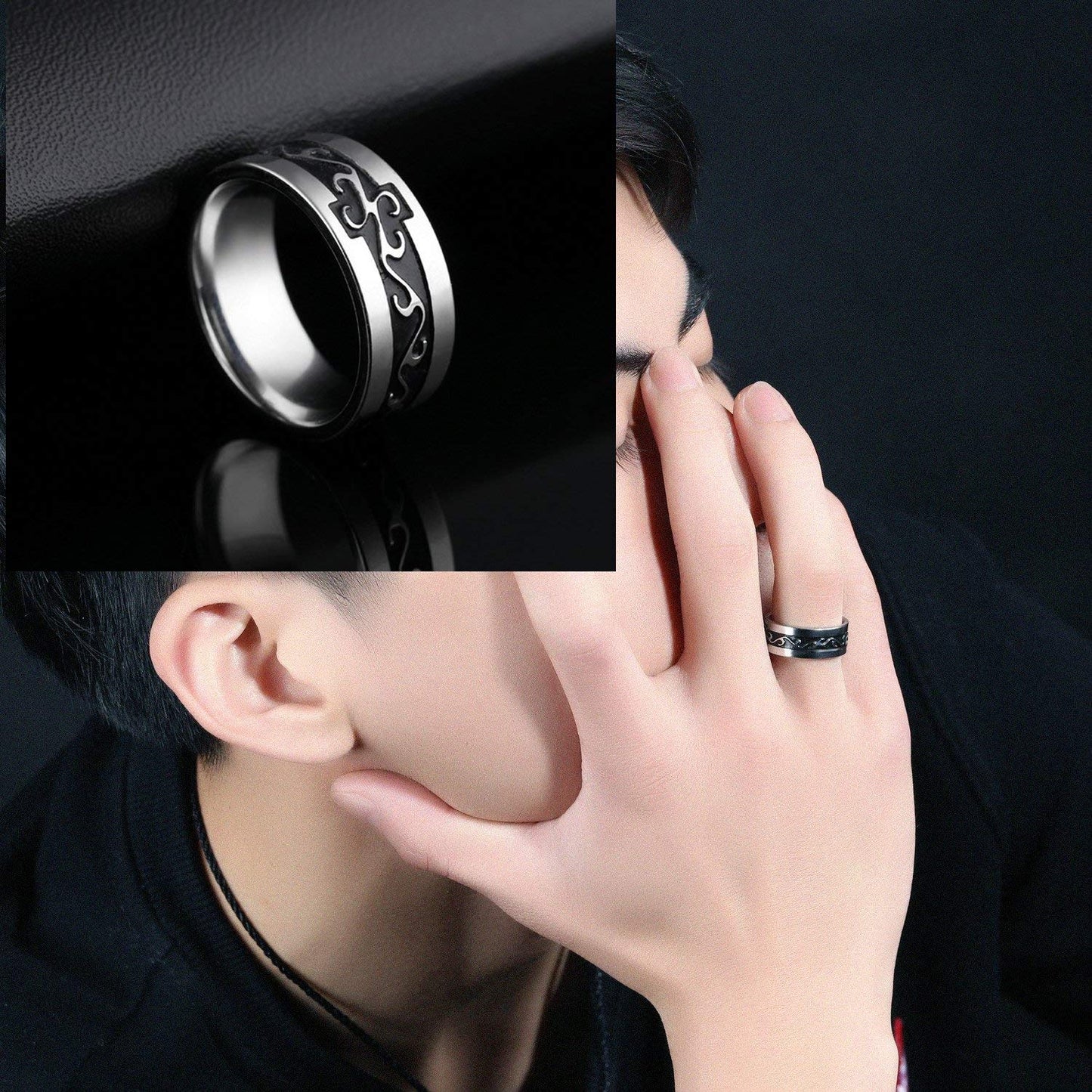 Yellow Chimes Rings for Men Silver Black Ring Western Style Stainless Steel Band Ring for Men and Boys.