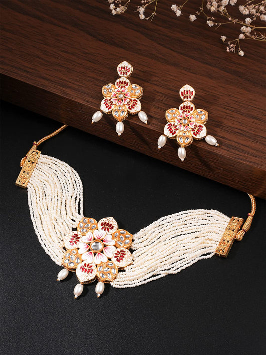 Yellow Chimes Jewellery Set for Women Gold Toned Kundan Studded Pearl Drop with Beads White Meeanakari Touch Choker Necklace Set with Earrings for Women and Girls