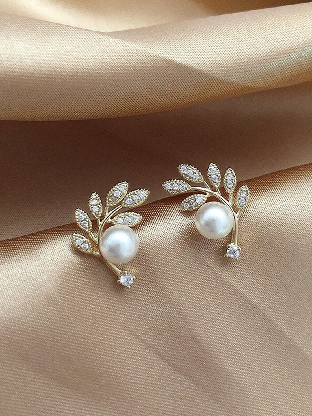 Yellow Chimes Earrings For Women Gold Tone Leaflet Designed Pearl Studded Stud Earrings For Women and Girls