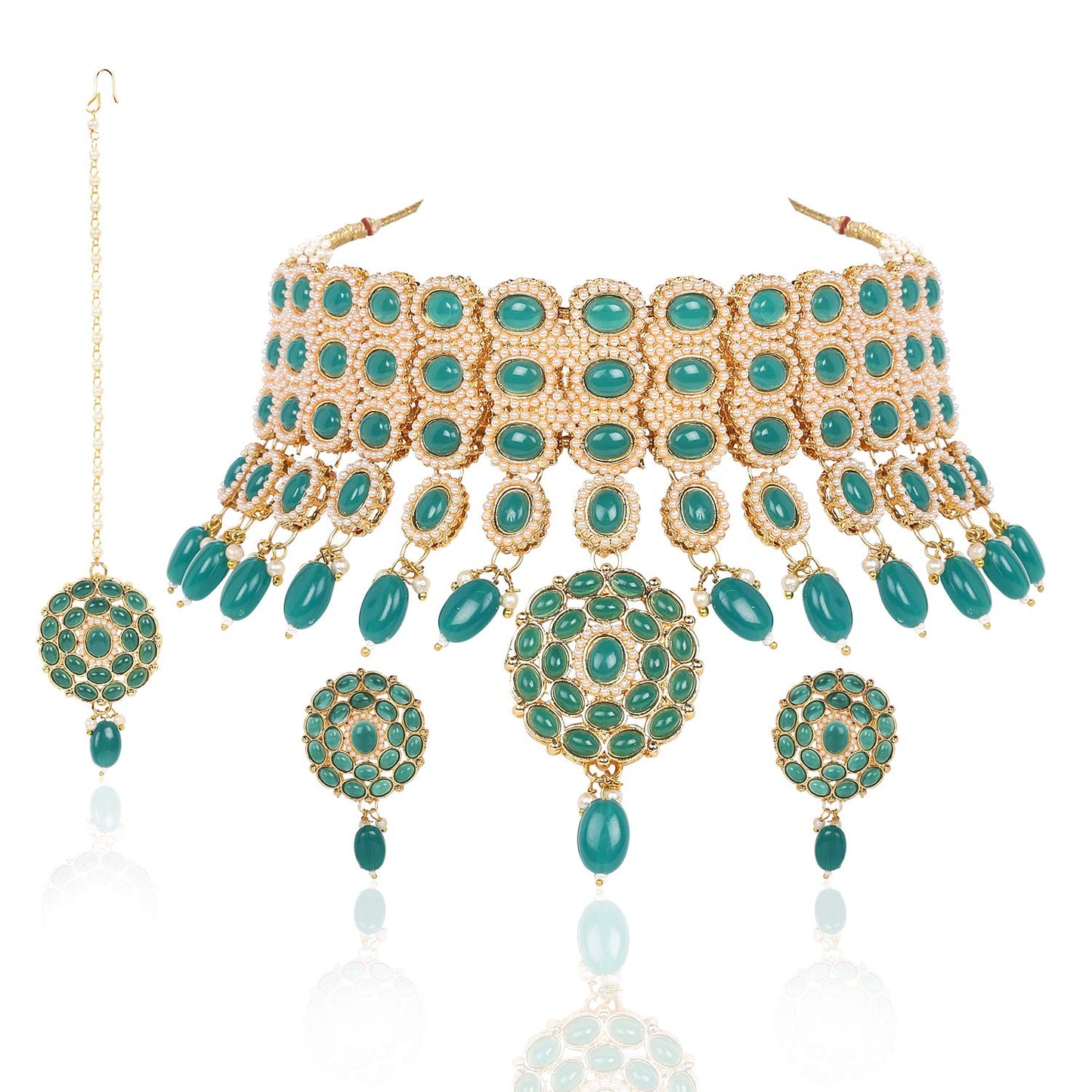 Yellow Chimes Gold Plated Traditional Emerald Green Stones pearl Choker necklace set with Drop earrings with maang tikka bridal jewellery set