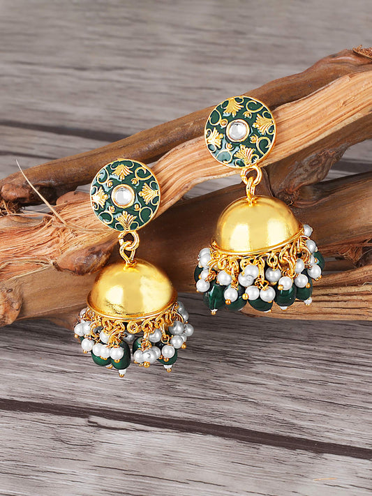 Yellow Chimes Earrings For Women & Girls | Traditional Green Meenakari Jhumka With Hanging Pearls | Gold Plated Jhumkas | Dome Shaped Jhumki Earring | Birthday & Anniversary Gift