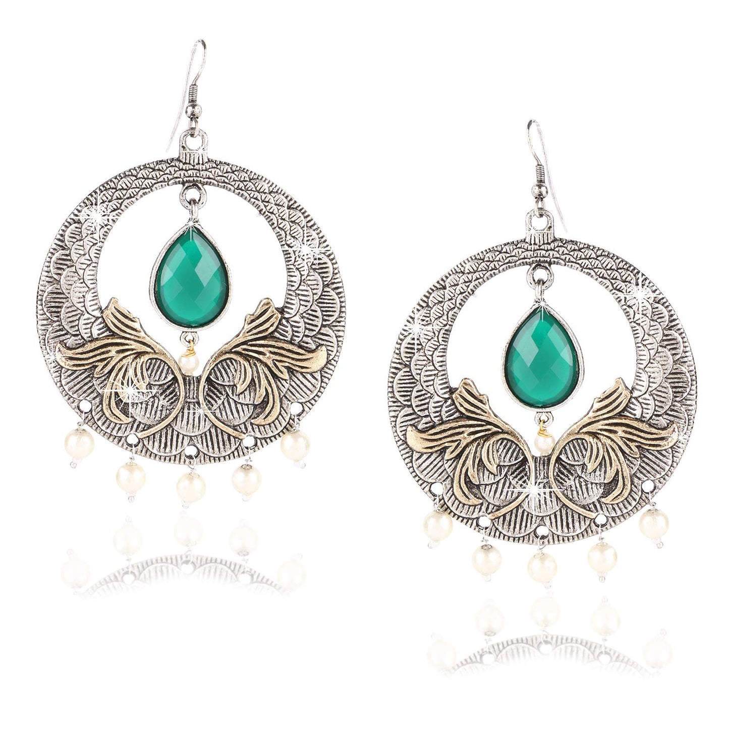 Yellow Chimes Emerald Stone Dual Tone German Silver Oxidixed Chandbali Earring Earrings for Women and Girls