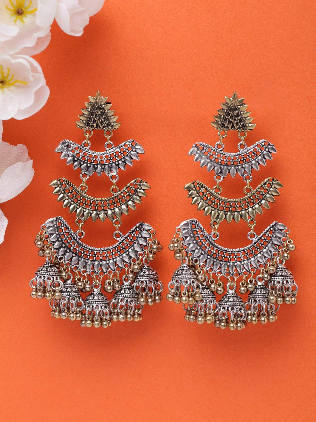 Yellow Chimes Handcrafted Crafted Multilayer Silver Tone Ethnic Fusion Traditional Long Chand Bali Jhumka Earrings for women And Girl's
