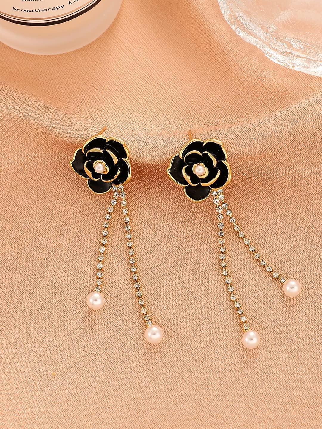 Yellow Chimes Earrings For Women Black Flower Stud With Linear Chain Hanging Pearl Drop Dangler Earrings For Women and Girls