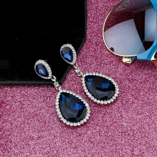 Kairangi Earrings for Women and Girls | Blue and White Stone Crystal Earring | Silver Tone Drops | Oval Shaped Eye Catched Drop Earrings | Birthday Gift for Girls and Women Anniversary Gift for Wife