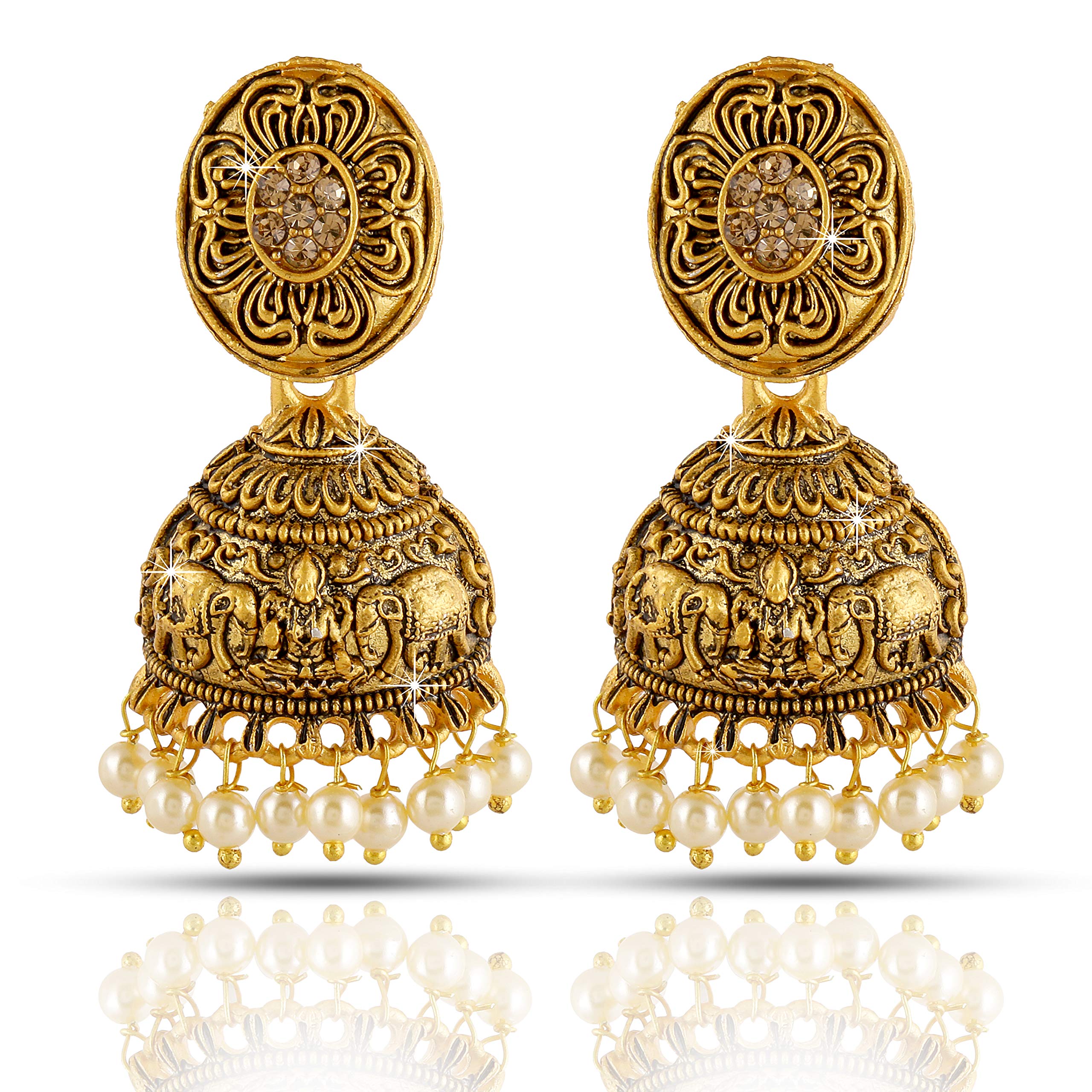 Yellow Chimes Traditional Jhumki Earrings Temple Jewellery Oxidized Matte Gold Plated Artistic Crafted Lakshmi Pearl Jhumka Earrings for Womens & Girls