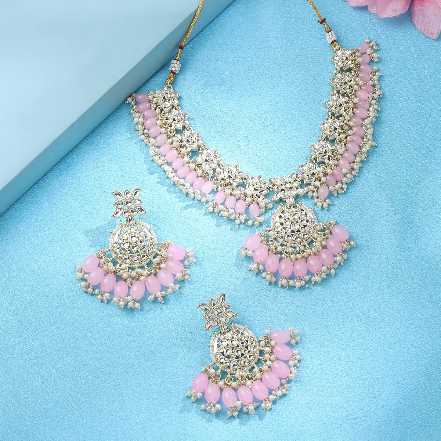 Yellow Chimes Jewellery Set for Women and Girls Kundan Necklace Set Gold Plated Kundan Studded Pink Beads Drop Choker Necklace Set | Birthday Gift for girls and women Anniversary Gift for Wife