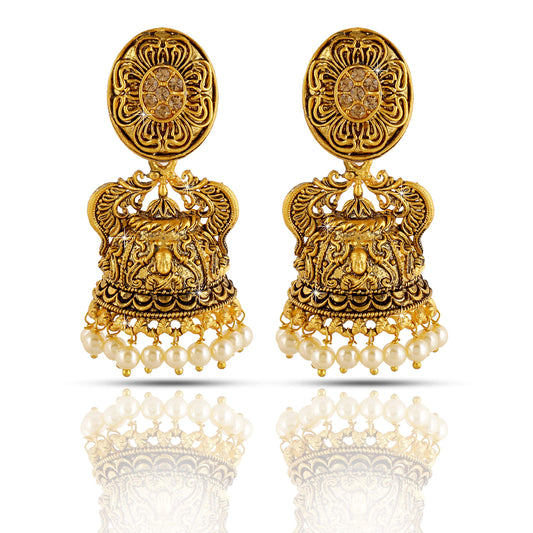 Yellow Chimes Traditional Jhumki Earrings Temple Jewellery Oxidized Matte Gold Plated Artistic Crafted Durga Design Jhumka Earrings for Women & Girls