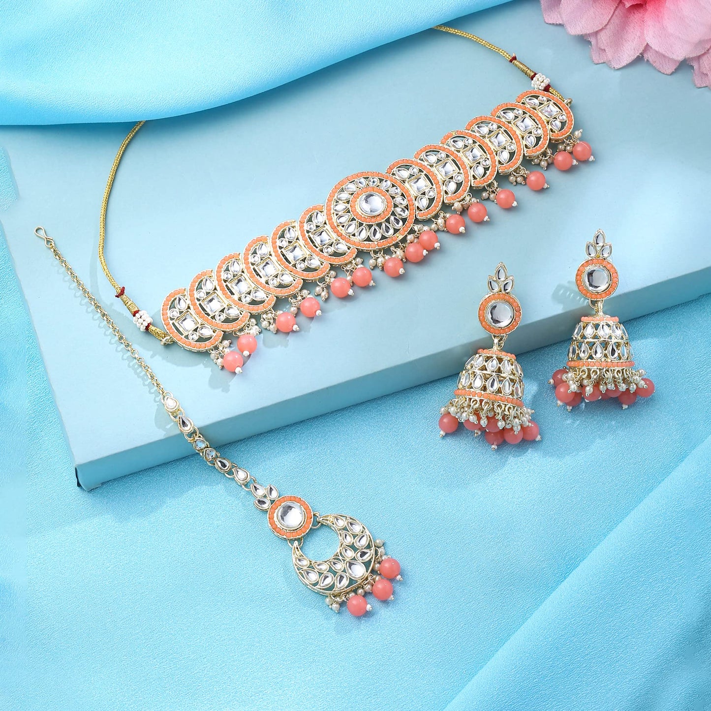 Yellow Chimes Jewellery Set for Women and Girls Kundan Necklace Set Gold Plated Kundan Studded Pink Pearl Drop Choker Necklace Set | Birthday Gift for girls and women Anniversary Gift for Wife