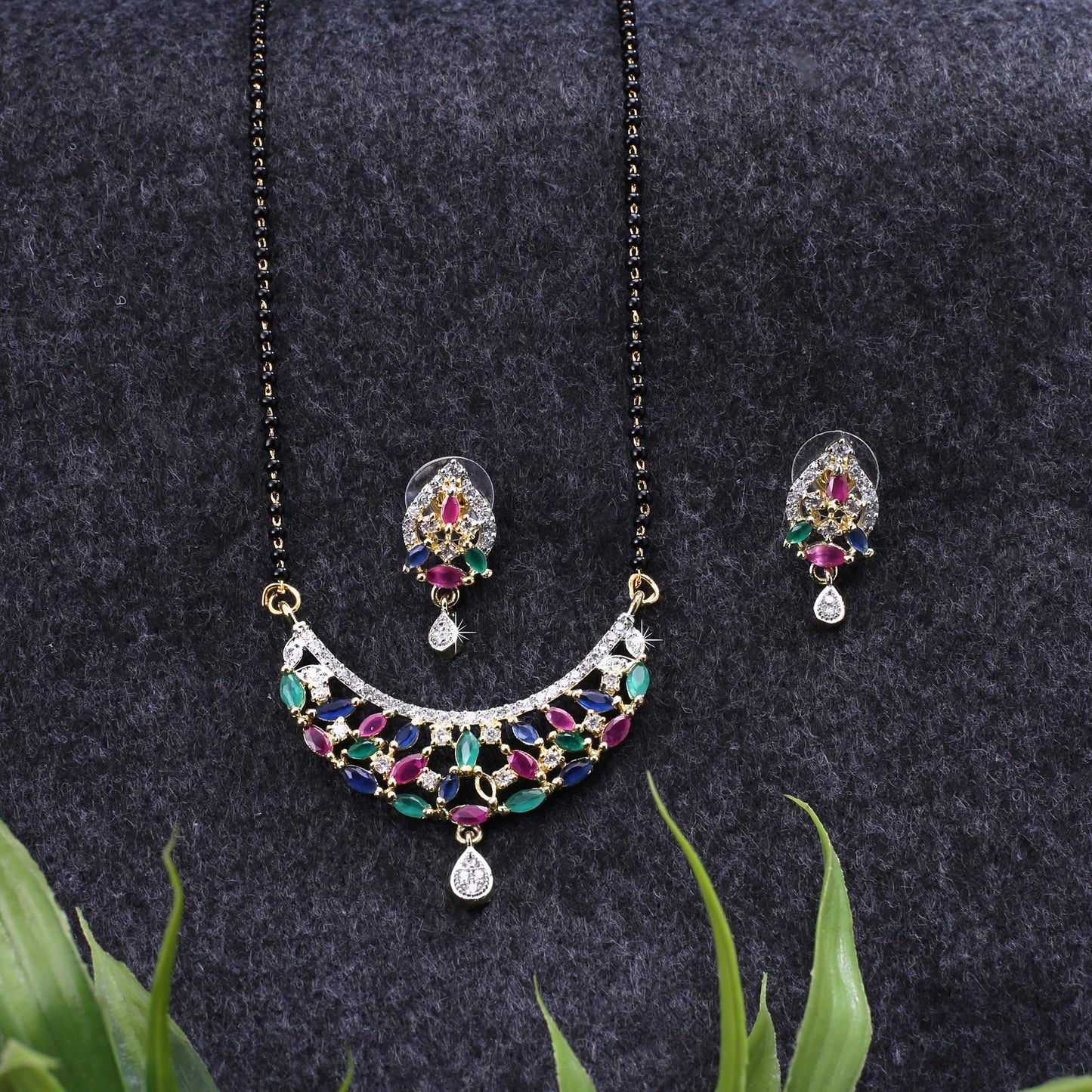 Yellow Chimes Classic Multicolor AD/American Diamond Studded Ethnic Black Beads Designer Mangalsutra Set with Earrings for Women