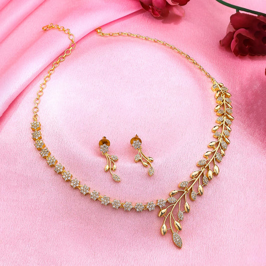 Yellow Chimes Jewellery Set for Women and Girls American Diamond Jewellery Set | Gold Tone Leaf Designed White AD Necklace Set | Birthday Gift for girls and women Anniversary Gift for Wife