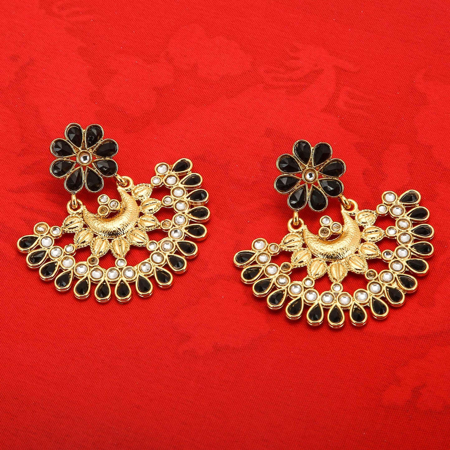 Yellow Chimes Ethnic Black Kundan Studded Traditional Gold Plated Chand Bali Earrings for Women and Girls