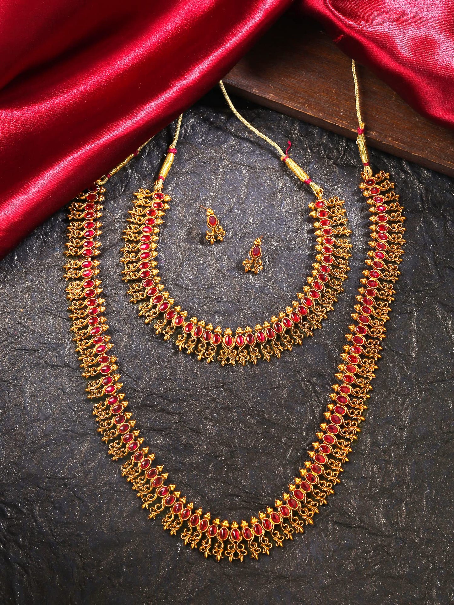 Yellow Chimes Jewellery Set for Women and Girls Traditional Red Kundans Necklace Set Gold Plated Multilayer Necklace Set | Birthday Gift for girls and women Anniversary Gift for Wife