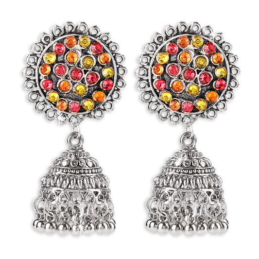 Yellow Chimes Afghani Style Studded Stone Oxidized Silver Traditional Jhumka Earrings for Women and Girls