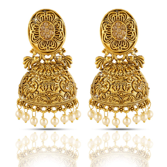 Yellow Chimes Traditional Jhumka/Jhumki Earrings Temple Jewellery Oxidized Matte Gold Plated Artistic Crafted Pecock Designer Pearl Party Wear Earrings for Womens & Girls