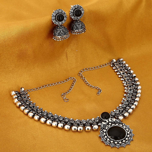 Yellow Chimes Oxidized Silver Kolhapuri Necklace Set with Jhumka Earrings Jewellery Set for Women (Oxidized Silver, Black) (YCTJNS-01CHOKR-BK)