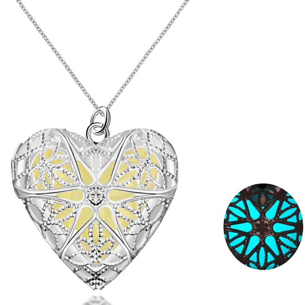 Glow-in-the-dark Silver Toned Heart Locket Pendant - Yellow Chimes